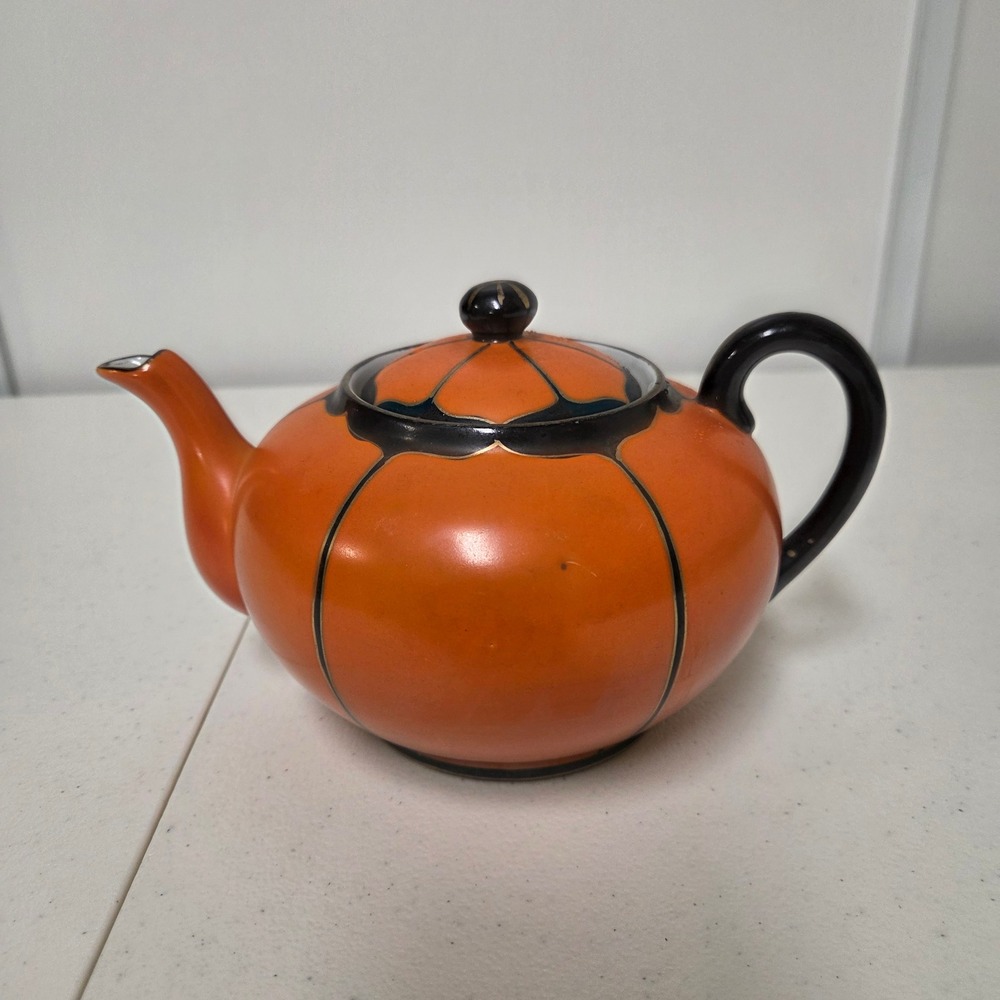 Vintage Art Deco Japanese Porcelain Orange Black Teapot Made in Japan